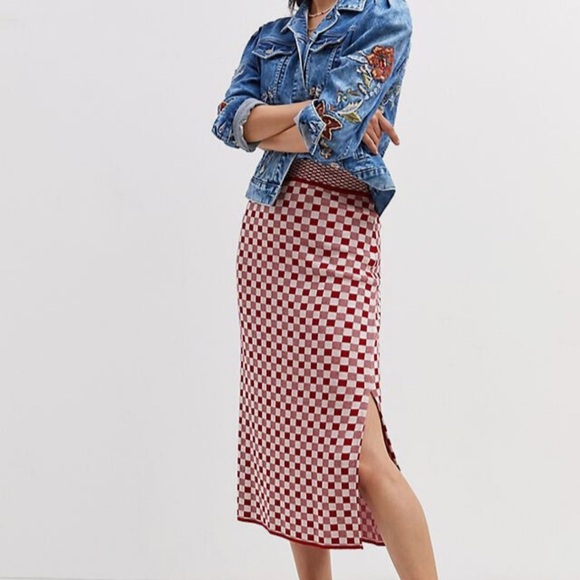 Anthropologie Cecilia Prado Checkered Midi Skirt Sweater Red Ivory Knit Small S - Picture 1 of 9